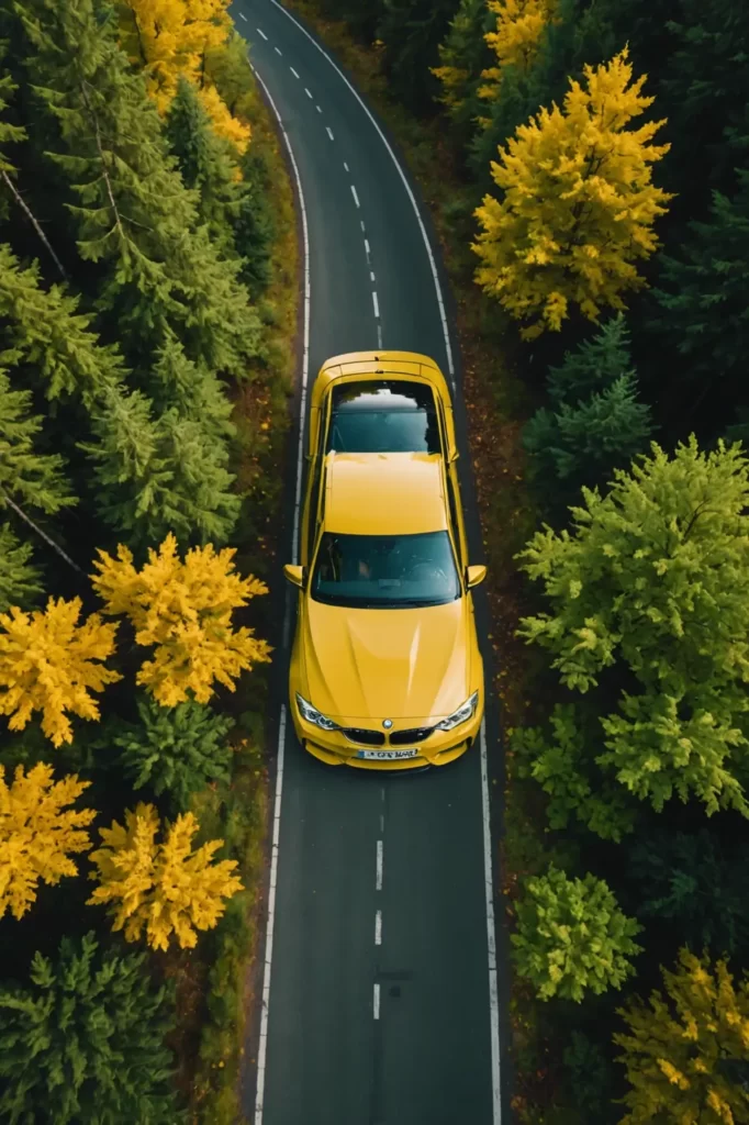 An aerial view of a yellow BMW M4 carving through a lush green forest road, birds-eye perspective, vibrant and lush scenery, crisp autumn light.