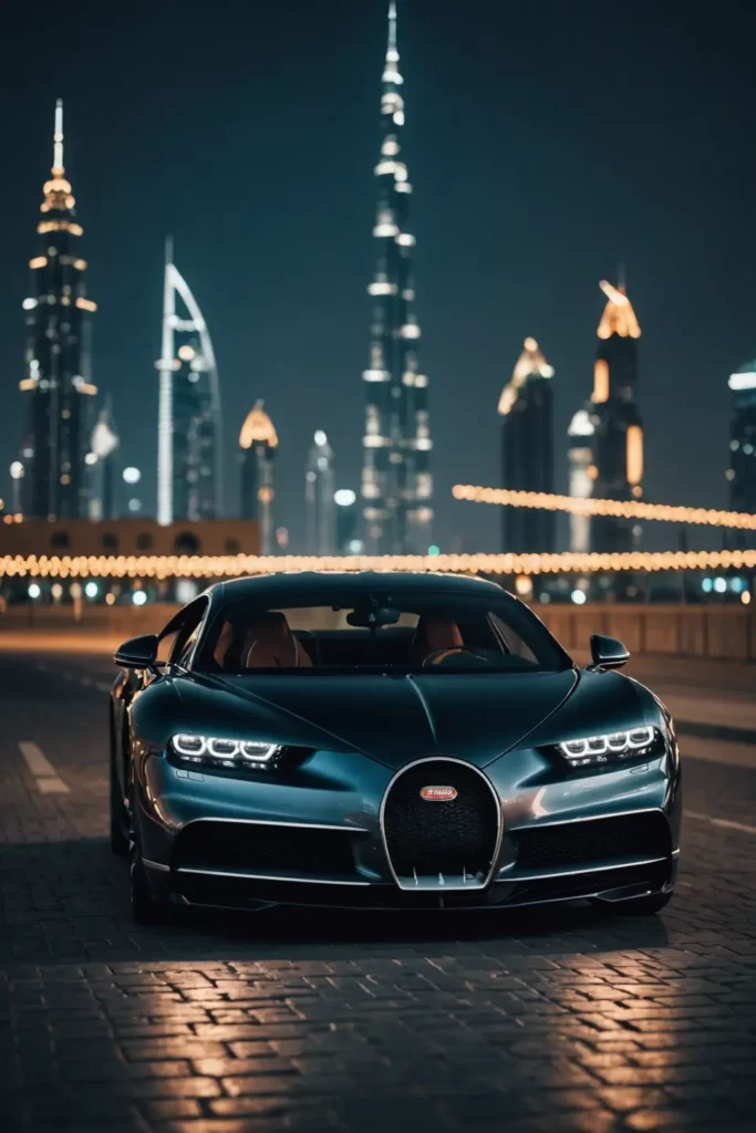 A Bugatti Chiron emerges, sleek and glossy, under the shimmering lights of Dubai's skyline at twilight, sharp focus, ambient lighting.