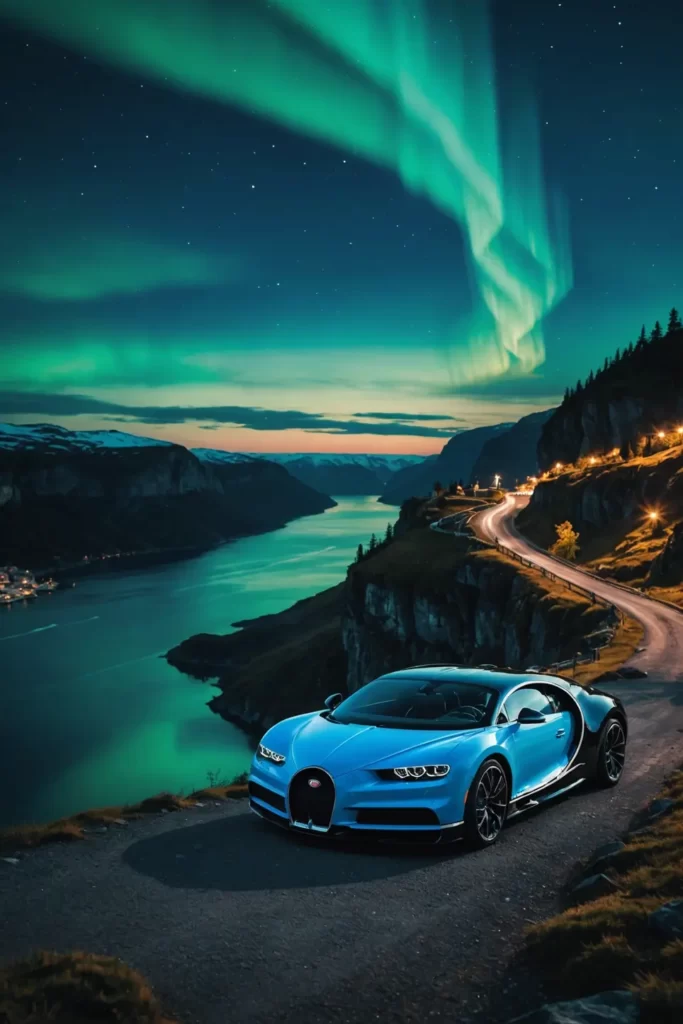 Bugatti Chiron perched at the edge of a cliff, overlooking a fjord under the ethereal Northern Lights, surrealism, high-definition.
