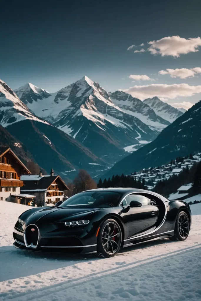 The jet-black Chiron, a contrast against the snow-capped Swiss Alps, exudes elegance, with a dramatic lighting effect, highly-detailed.