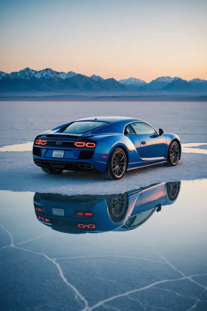 A royal blue Chiron parked on the reflective glass surface of the Bonneville Salt Flats during a pastel sunset, serene, high-resolution.