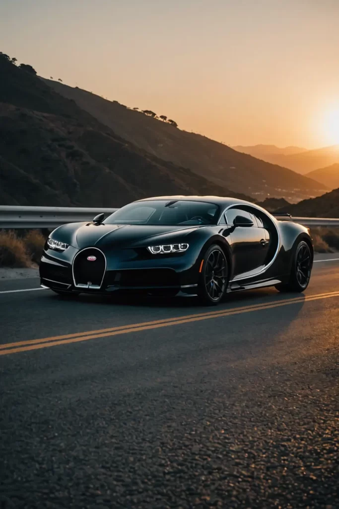 Sunrise silhouette of a Bugatti Chiron on the Pacific Coast Highway, the golden hour light casting a warm glow, beautiful, sharp focus.