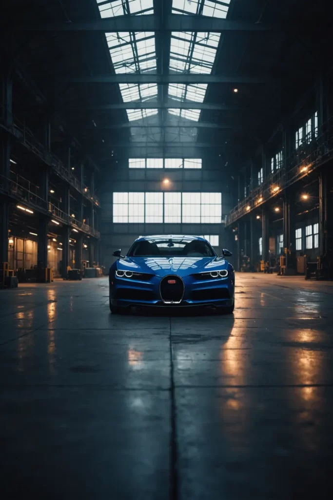 A Chiron, midnight blue, under the industrial architecture of a deserted factory, moody lighting, matte finish, octane render.