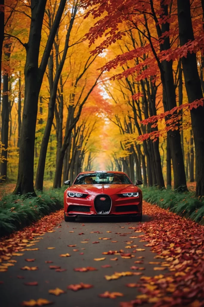 The vibrant red Chiron caught mid-sprint through an autumn forest tunnel, leaves in motion, vibrant colors, epic composition.