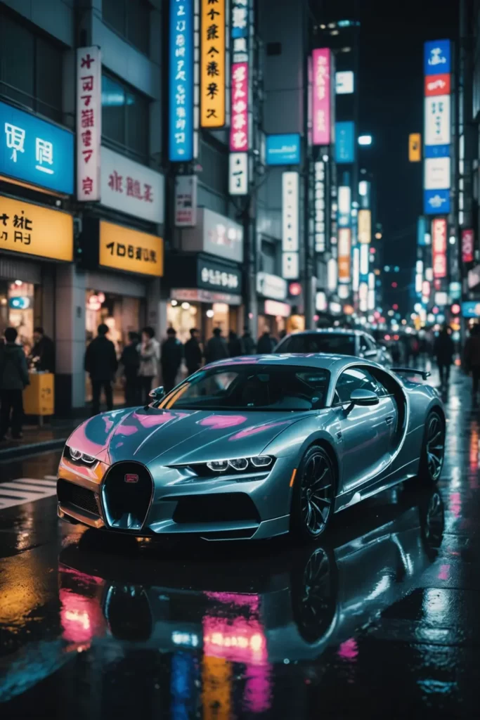 The neon lights of Tokyo's cityscape reflect off the polished silver Chiron on a wet street, cyberpunk vibe, post-processing, 4k.