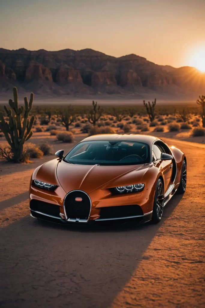 Chrome Bugatti Chiron reflecting the fiery hues of a desert sunset, sharp shadows, leading lines, amber ambient lighting.