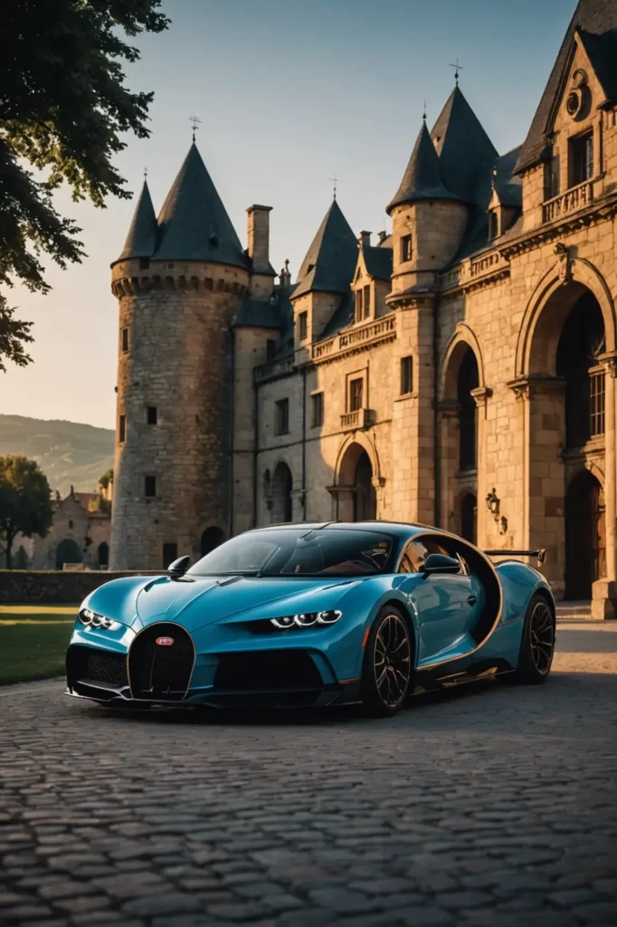 A Bugatti Divo set against the backdrop of an ancient castle, juxtaposing modern engineering with timeless architecture, golden hour lighting, high-resolution.