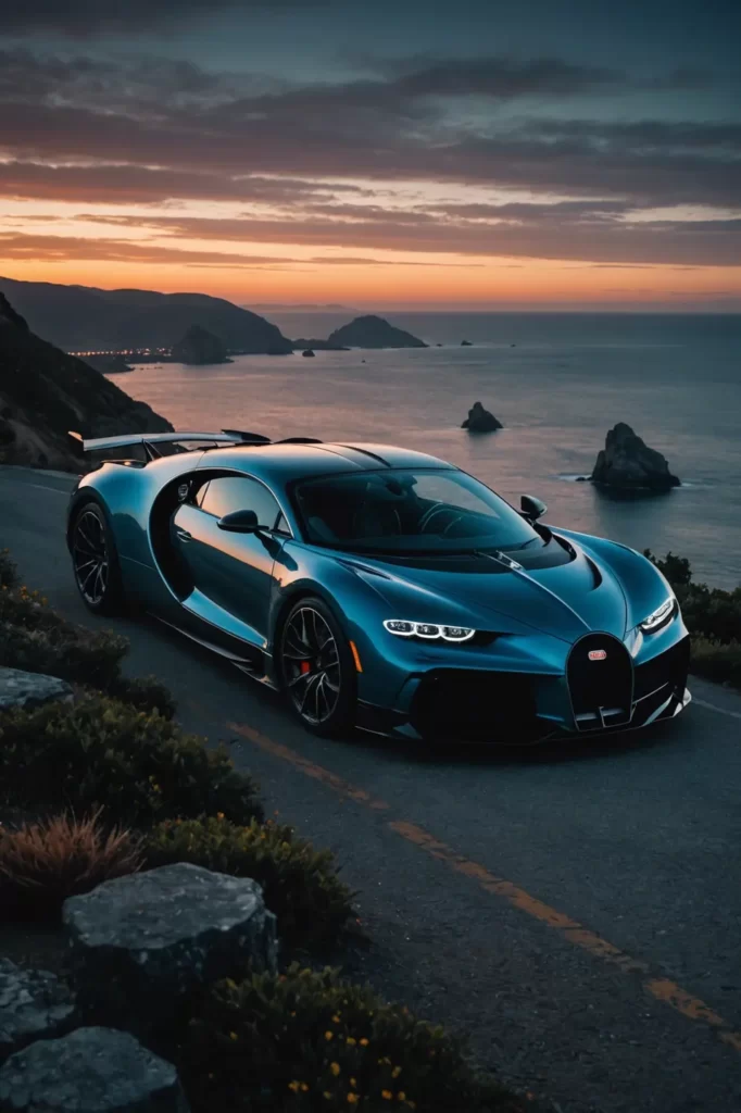 A silhouette of the Bugatti Divo during twilight hours, poised on a cliffside with a dramatic coastal backdrop, ambient lighting, high dynamic range (HDR).