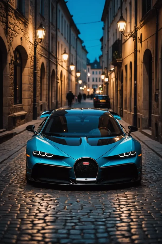 The majestic Bugatti Divo parked on a cobblestone street in old town Europe, bathed in the warm glow of streetlights, bokeh effect, post-processing.