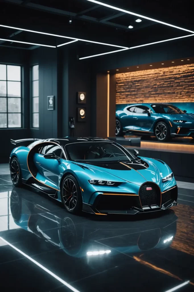 Bugatti Divo in a showroom, illuminated by a cascade of spotlights that accentuate its aerodynamic design, octane render, matte finish.