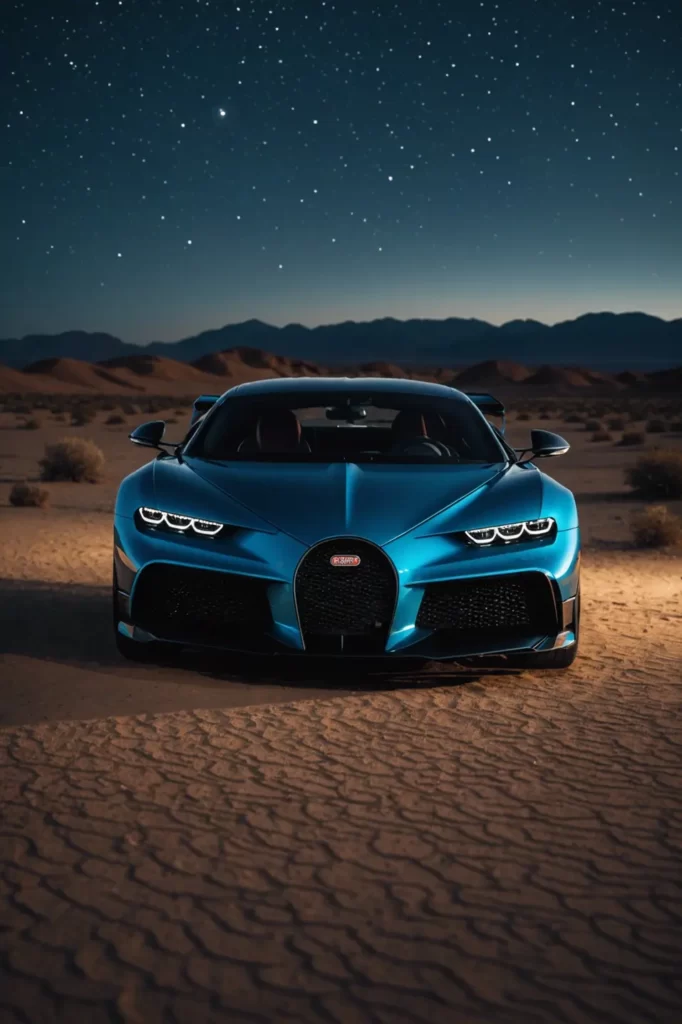 The Bugatti Divo’s distinctive silhouette captured under the stars on a clear desert night, astro photography, high ISO, beautiful.