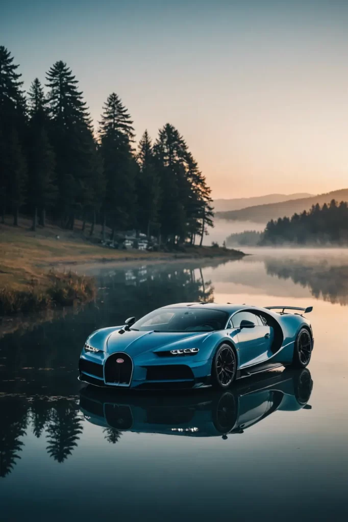 A Bugatti Divo at dawn, parked by the serene lake, with mist rising off the water's surface and the morning sun reflecting in its mirrors, soft light, elegant.