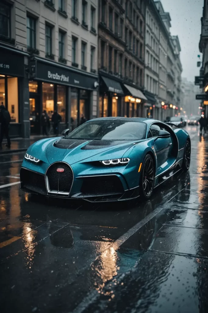 The Bugatti Divo frozen in time as it traverses a rain-soaked urban junction, droplets sparkling on its carbon body, cool tone, sharp detail.