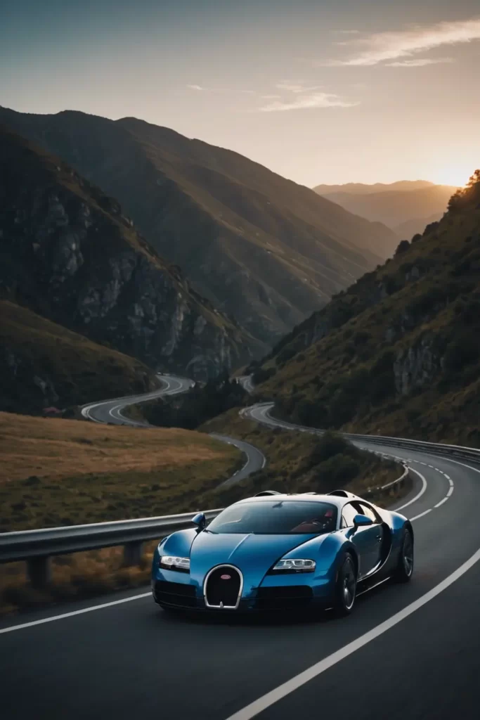 A Bugatti Veyron gliding down an empty mountain pass at dusk, the sharp focus capturing the car's sleek lines against the fading light, dramatic lighting, 4k resolution.
