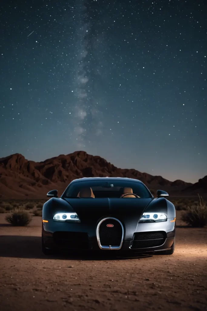 A Bugatti Veyron parked under the starlit sky of the desert, the car's metallic surface reflecting the night's mystique, long exposure star trails, atmospheric mood.
