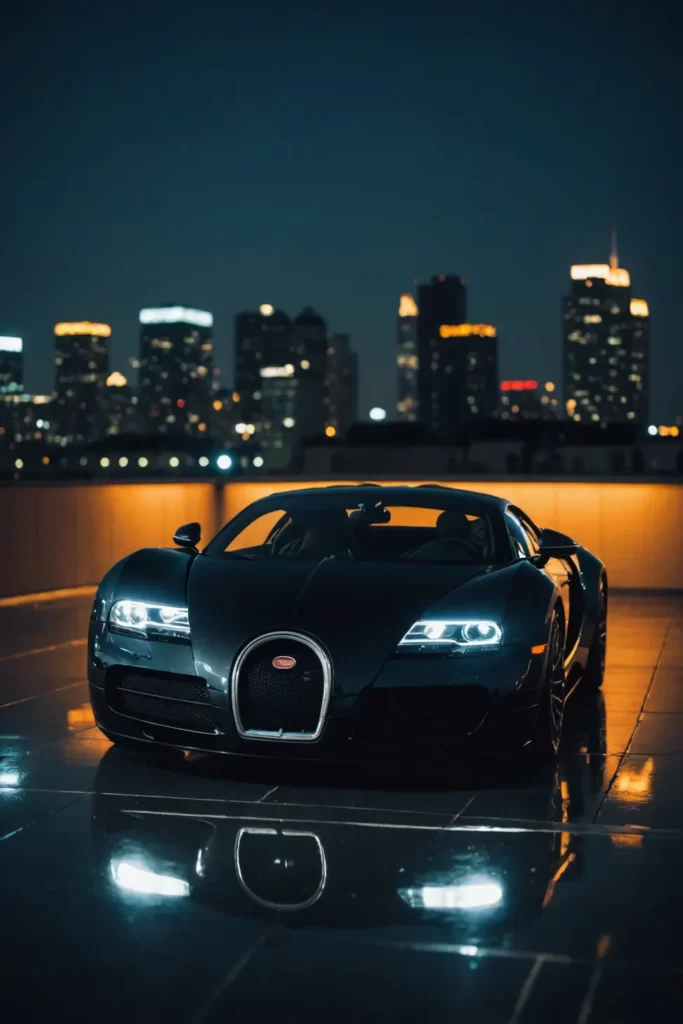 The sleek silhouette of a Bugatti Veyron parked on an illuminated urban rooftop at night, casting a reflection on the glossy floor, ambient lighting, post-processing.