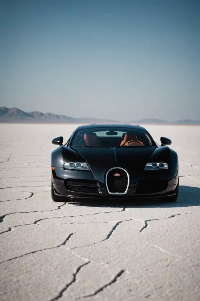 A Jet Black Bugatti Veyron positioned at the start of an infinite salt flat, the horizon blurring into a mirage, high contrast, sharp focus.