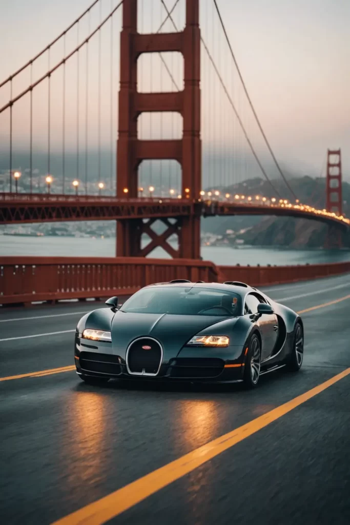 A Bugatti Veyron captured in mid-motion blur speeding across the Golden Gate bridge, with a misty San Francisco skyline in the background, high speed photography, epic composition.