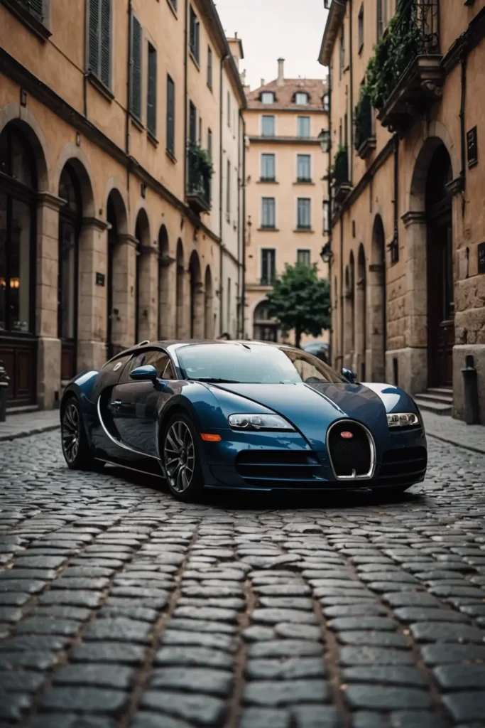 A Bugatti Veyron showcased in the center of a deserted ancient European cobblestone square, echoing luxury amid historic architecture, soft natural lighting, high resolution.