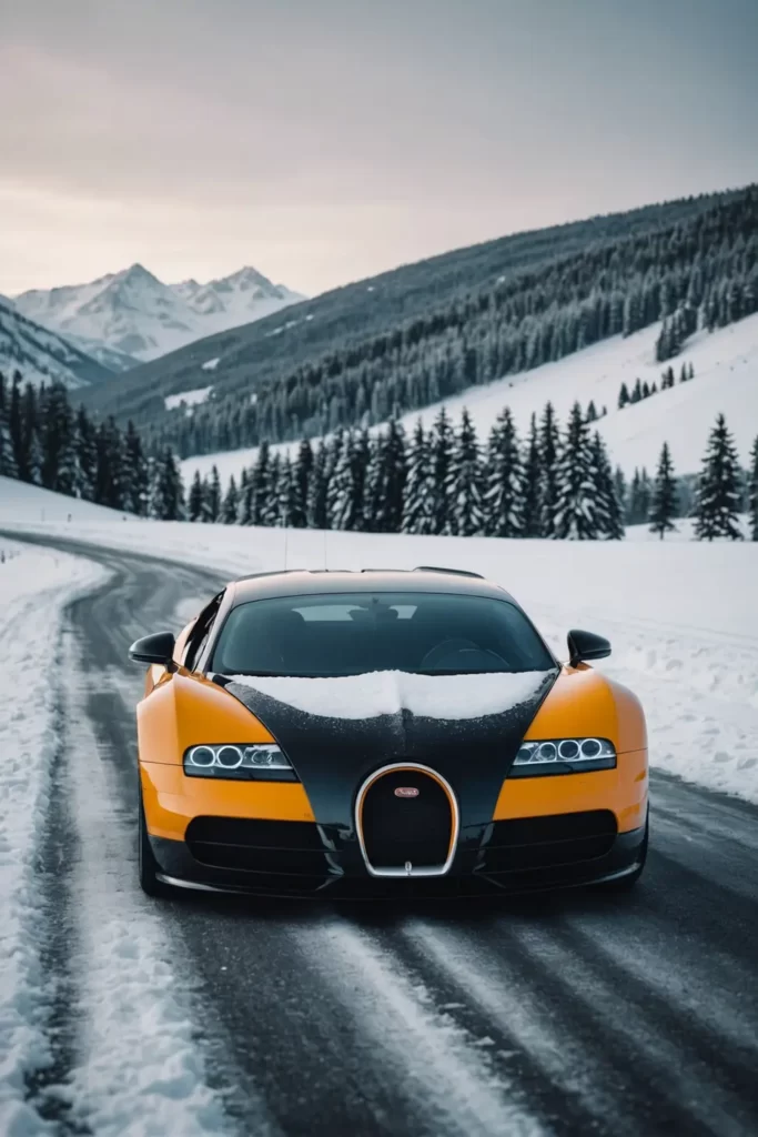 A Bugatti Veyron encased in a crisp layer of fresh snow, standing out against the stark winter landscape, cold color palette, sharp detail.