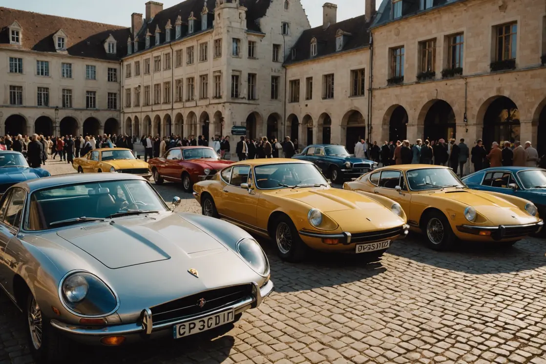 Un vaste éventail de voitures classiques et sportives scintillantes occupent la place pavée de Beauvais, se prélassant sous la teinte dorée du soleil couchant, tandis que des enchérisseurs avec des palettes attendent avec impatience le chant du commissaire-priseur.