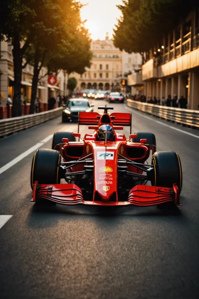 A gleaming F1 Ferrari zooms past under the golden glow of a setting sun at the Monaco Grand Prix, dynamic motion blur, warm lighting.