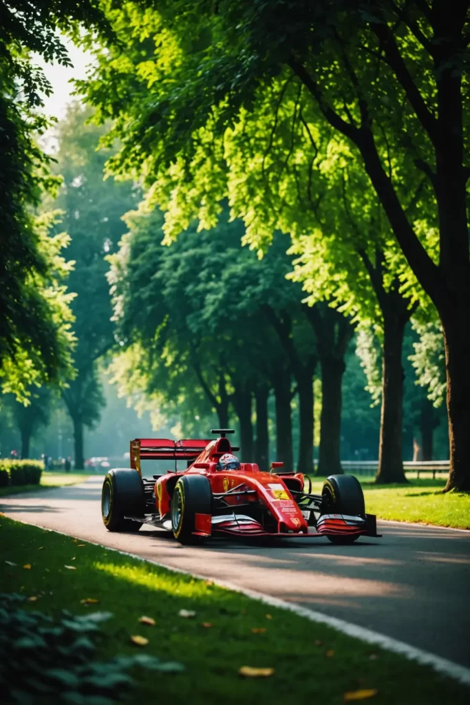 A Ferrari F1 car framed by the lush greenery of Monza's park, a play of light and shadow, vibrant colors, lush environment.