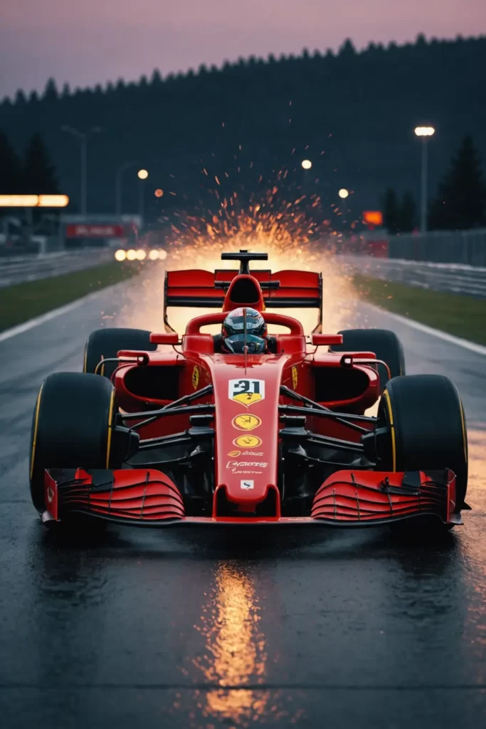 Sleek F1 Ferrari caught in a frozen moment, tires kicking up a storm of sparks on a twilight track, high-octane render, sharp focus.