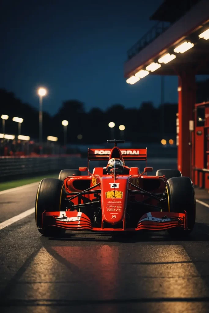 A solitary F1 Ferrari pits during a dusky evening, bathed in the fluorescent glow of trackside spotlights, tranquil atmosphere, ambient lighting.