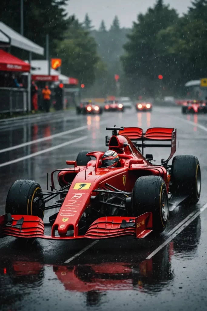 The iconic red F1 Ferrari racing in the rain, droplets captured mid-air, reflective wet tarmac, dramatic lighting, high resolution.