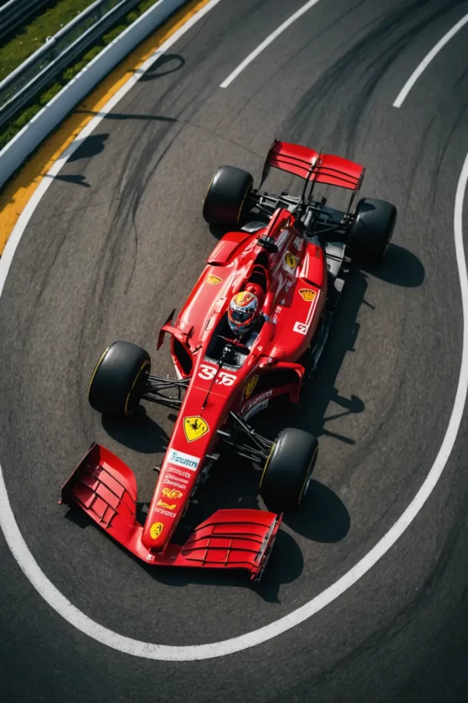 A birds-eye view of a Ferrari F1 carving through the S-curves of Suzuka, contrasting natural and machine precision, panoramic, vibrant color.
