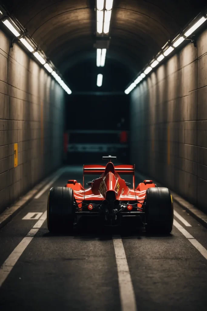 An F1 Ferrari captured in a tunnel, the roar of the engine echoing off the walls, strategic lighting casts dramatic shadows, high detail.