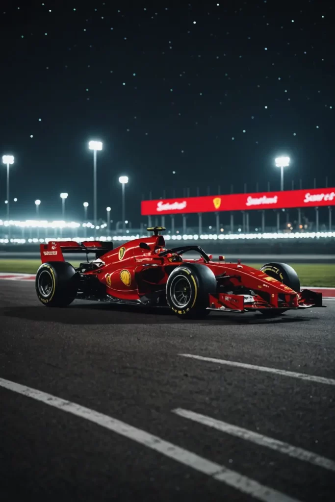 The scarlet Ferrari F1 under starry night skies at the Bahrain circuit, a dance of light and dark, contrasting cool tones, clear night.
