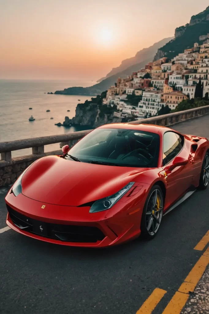 A Ferrari 458 Italia in gleaming Rosso Corsa, its curves accentuated by the golden hour sun, parked along the Amalfi Coast with a clear view of the Mediterranean Sea, subtle lens flare, pastel color grading, sharp focus, 4k resolution