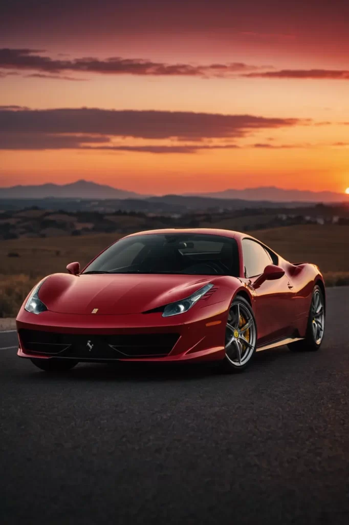 The silhouette of a Ferrari 458 Italia against the backdrop of a crimson sunset, the horizon line reflecting off its polished surface, serene environment, warm ambient lighting, minimalist style, high dynamic range