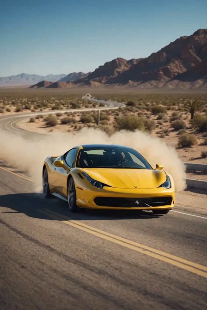A sleek Ferrari 458 Italia in vibrant Giallo Modena hue speeding down a desert highway, dust trailing behind, motion blur to capture speed, clear blue sky, incredibly sharp image, realistic render, 8k detail