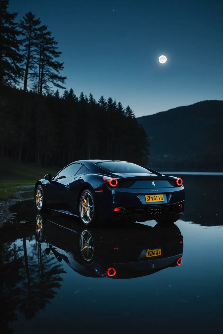 The reflection of a midnight blue sky on the polished black finish of a Ferrari 458 Italia under moonlight, parked beside a quiet lake, moody atmosphere, high contrast, crystal clear reflection, tranquil scene, ambient lighting