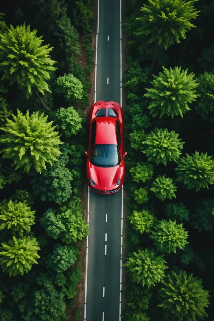 An aerial view of a Ferrari 458 Italia cruising through a lush green forest road, a burst of color amongst the emeralds and browns, satellite imagery style, vibrant but natural colors, detailed texture, epic scale