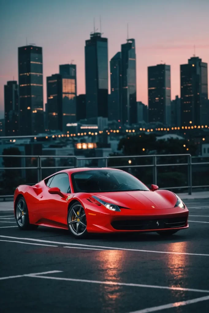 A Ferrari 458 Italia parked on a helipad in the city at twilight, skyscraper lights twinkling in the background, urban elegance, cool color palette, blue hour tinted, cinematic look, photo-realism