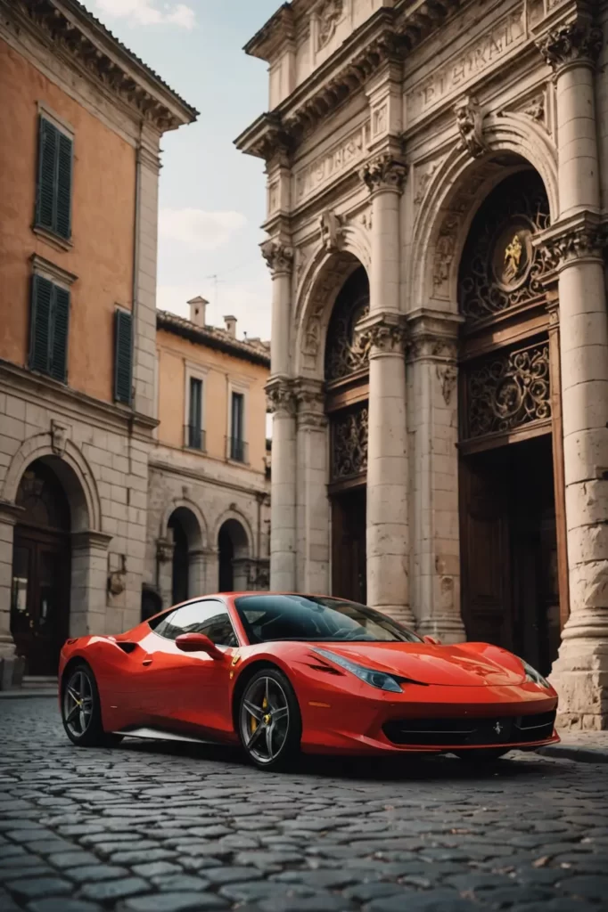 The Ferrari 458 Italia showcased in front of historic Roman architecture, the car's modern lines juxtaposing the ancient stones, vibrant yet rustic setting, natural sunlight, sharp architectural details, elegant composition