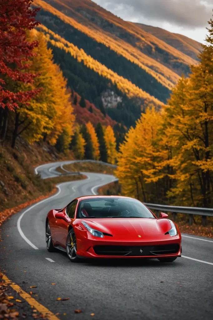 A Ferrari 458 Italia on a mountain pass, surrounded by the fiery colors of autumn, dynamic angle showing the aggressive stance, natural light casting soft shadows, landscape photography, ultra HD, vivid clarity