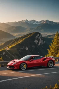 The Ferrari 488 Pista basks in the golden hour sunlight, casting a warm glow over its sleek red body on a secluded mountain overlook, sharp focus, epic composition.
