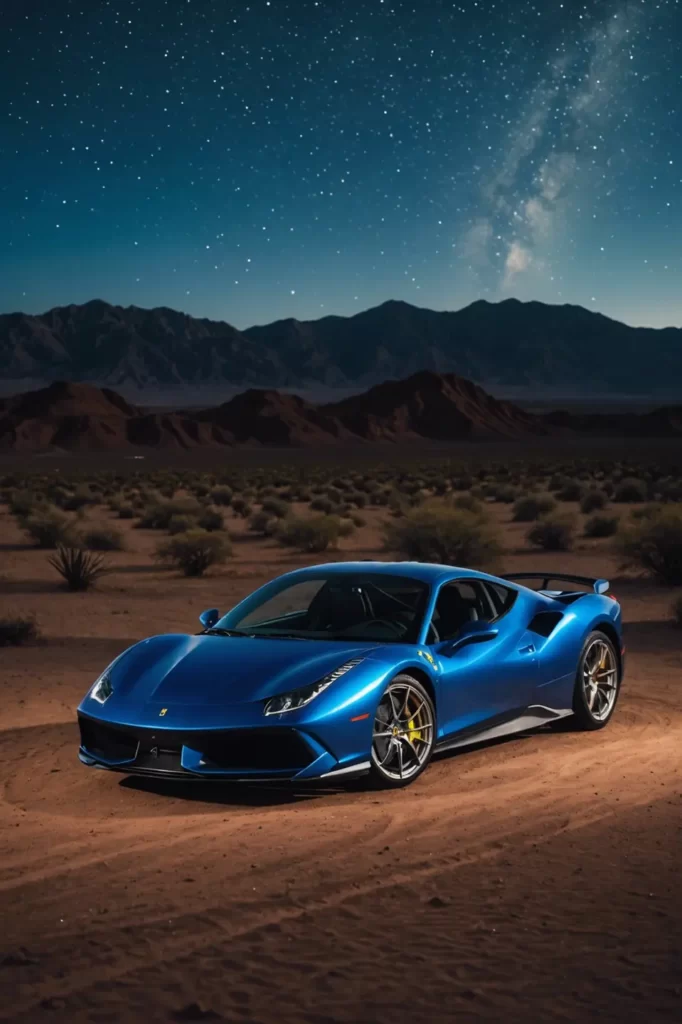 A glossy blue Ferrari 488 Pista under a blanket of stars, parked in a desert landscape, capturing the essence of solitude, star-trails, beautiful contrast.