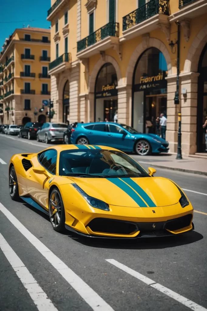 A Ferrari 488 Pista parked on the vibrant streets of Monaco, its gleaming yellow paint contrasting with the azure sea in the background, 4k, elegant.