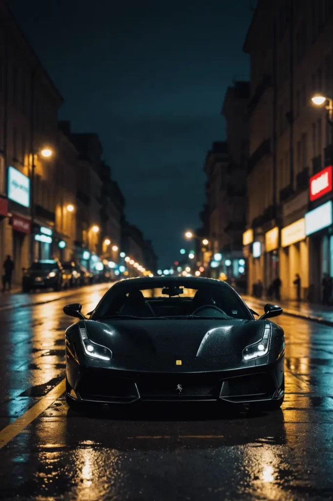 The silhouette of a black Ferrari 488 Pista reflected on the wet asphalt of an empty city street at night, dramatic lighting, high saturation.