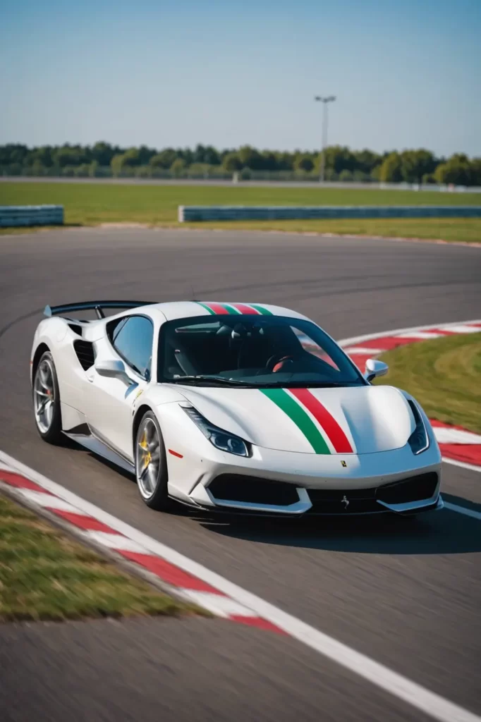 A white Ferrari 488 Pista captured at full speed on a race track, wheels blurred in motion against a clear blue sky, high shutter speed, sleek.