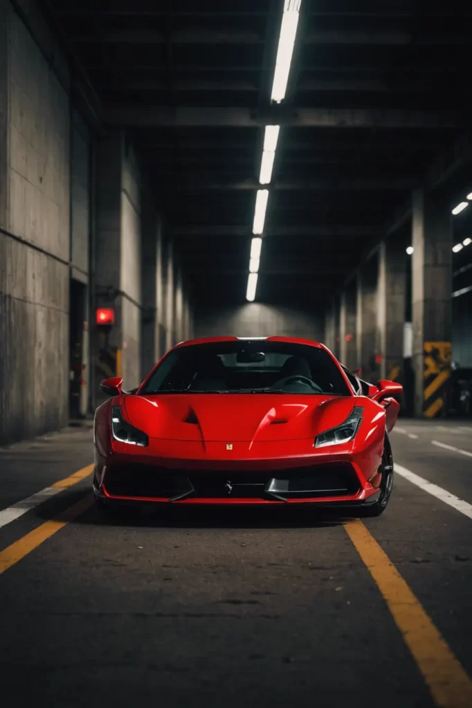 A red Ferrari 488 Pista emerging from the shadows of an industrial underpass, the play of light and dark emphasizing its aggressive lines, matte finish, ambient lighting.