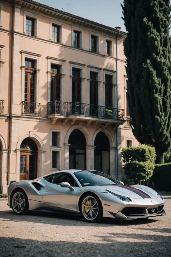 A silver Ferrari 488 Pista parked before an ancient Italian villa, blending modern design with classic architecture, soft-focus background, pastel colors.