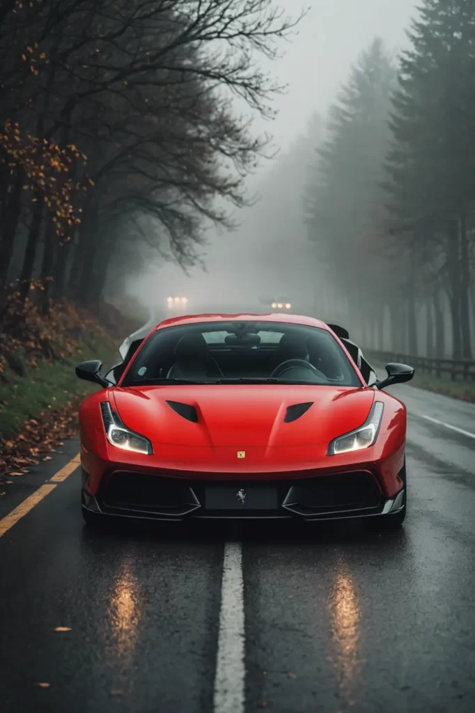 A Ferrari 488 Pista in racing red cutting through the mists of an early morning country road, its LED headlights piercing through, mystical, serene.