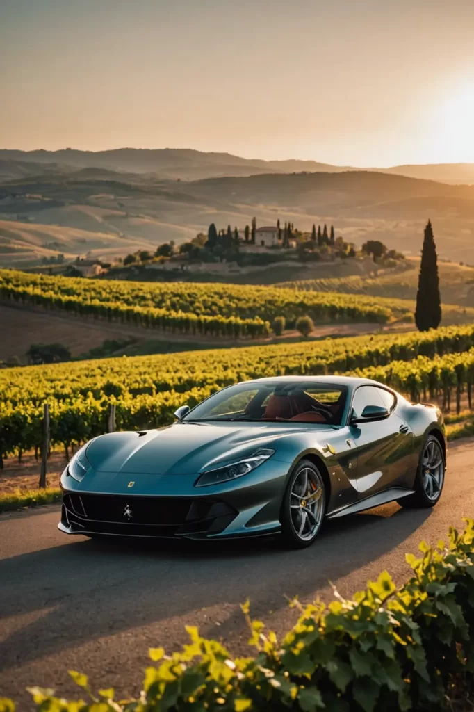 A Ferrari 812 Superfast bathed in the golden light of a Tuscany sunset, casting long shadows over the undulating vineyards, sharp focus, warm tones, high-resolution, breathtaking composition.